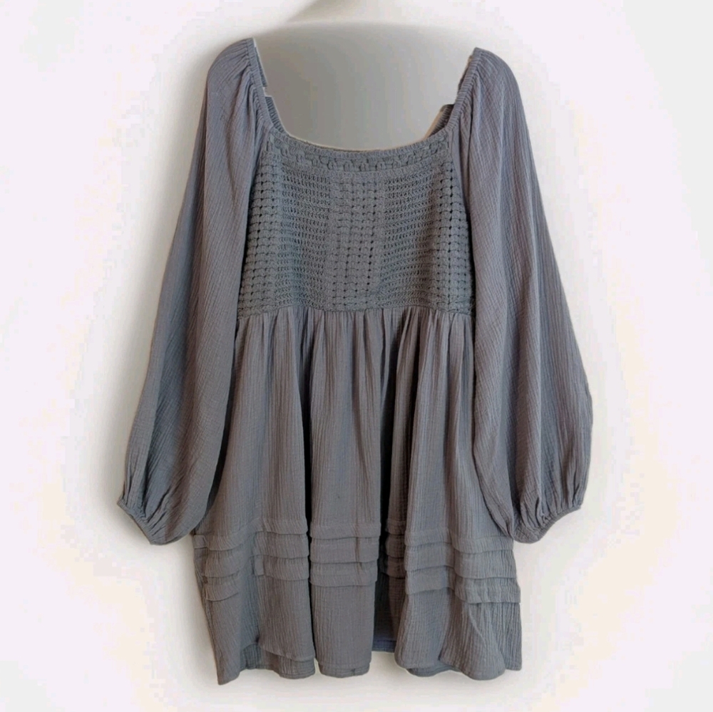 Heyson Smocked Boho Dress Size 1XL Long Bishop sleeve Grey Linen Blend Women XL